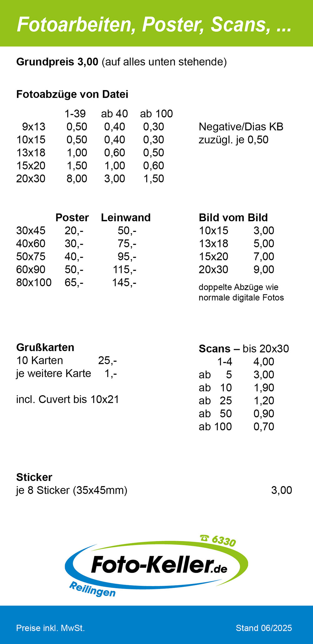 Preisliste für Fotoabzüge, Vergrößerungen, Poster, Leinenbilder